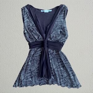 Brown floral cinched sleeveless top with tie sash